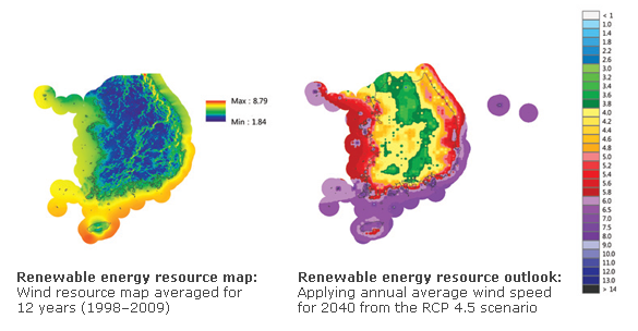 Renewable energy resource map(Wind resource map averaged for 12 years(1998-2009), Renewable energy resource outlook(Applying annual average wind speed for 2040 from RCP 4.5 scenario)