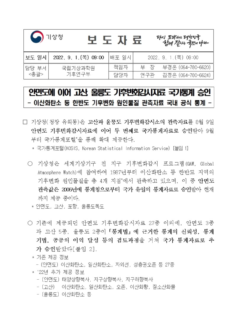 보도자료 표지 - 안면도에 이어 고산, 울릉도 기후변화감시자료 국가통계 승인