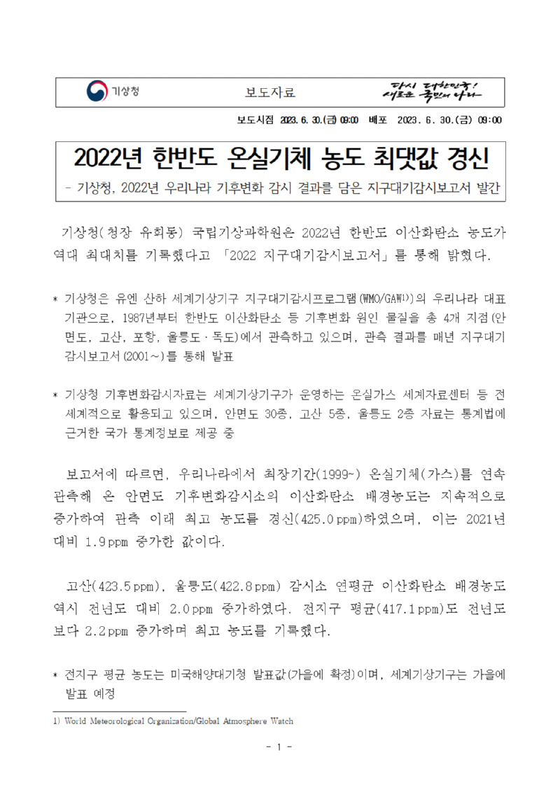 보도자료 표지 - 2022년 한반도 온실기체 농도 최댓값 경신