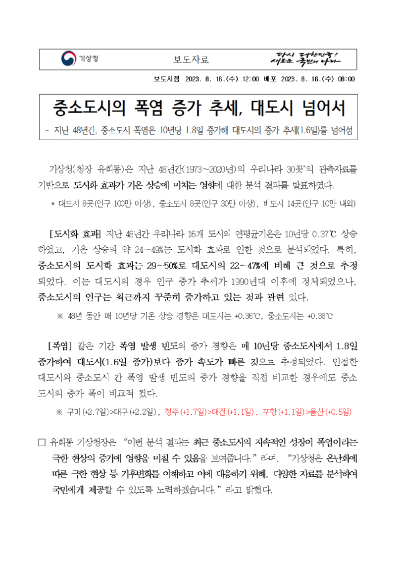 보도자료 표지 - 중소도시의 폭염 증가 추세, 대도시 넘어서