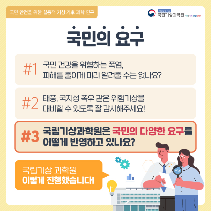 국민 안전을 위한 실용적 기상기후 과학 연구. 국민의 요구. #1 국민 건강을 위협하는 폭염, 피해를 줄이게 미리 알려줄 수는 없나요?. #2 태풍, 국지성 폭우 같은 위험기상을 대비할 수 있도록 잘 감시해주세요!. #3 국립기상과학원은 국민의 다양한 요구를 어떻게 반영하고 있나요?. 국립기상 과학원 이렇게 진행했습니다.